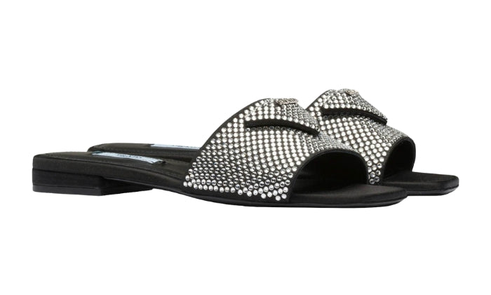 PRADA Ciabatte Raso Nero Con Cristalli