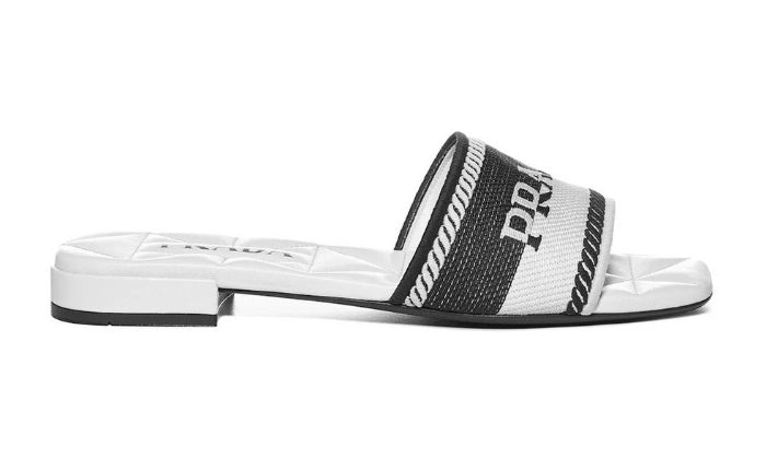 PRADA Sandali Ricamato Cotone Bianco E Nero