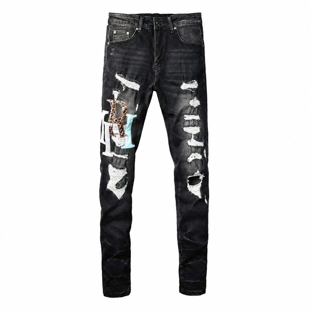 Amiri black distressed jeans front view