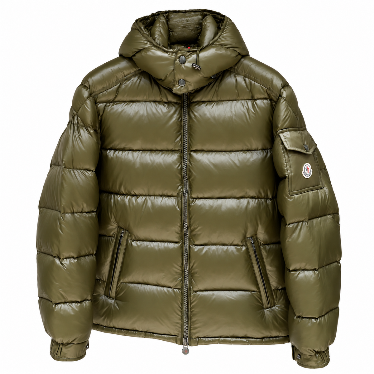 Moncler Glossy Hooded Puffer — olive green