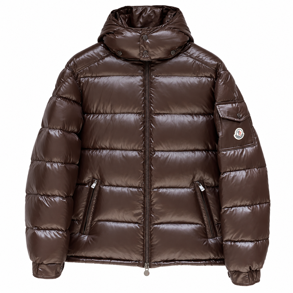 Moncler Glossy Hooded Puffer — brown