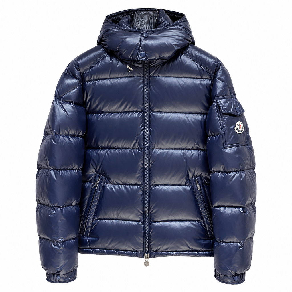 Moncler Glossy Hooded Puffer — navy blue