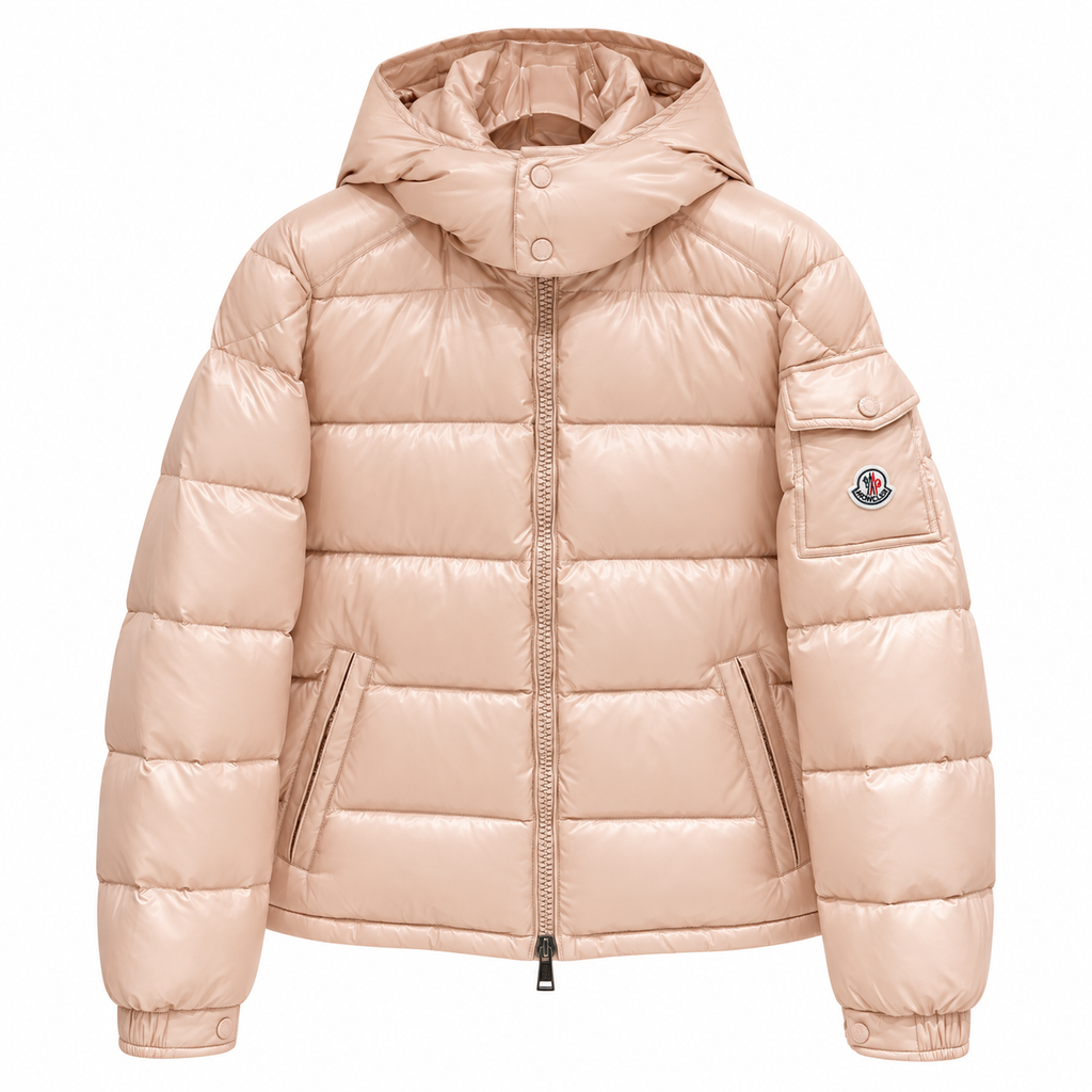 Moncler Glossy Hooded Puffer — light pink